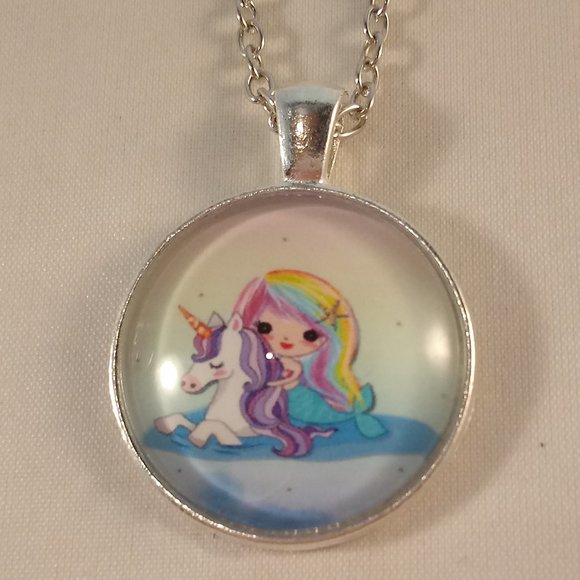 Silver Mystical Rainbow Unicorn Mermaid Cabochon Pendant Chain Necklace Gift - Picture 2 of 3